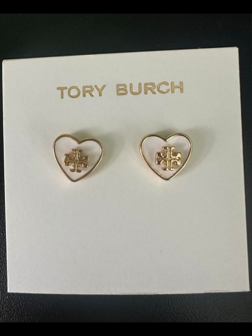 Tory Burch Gold Heart Logo Stud Earrings with White Enamel
